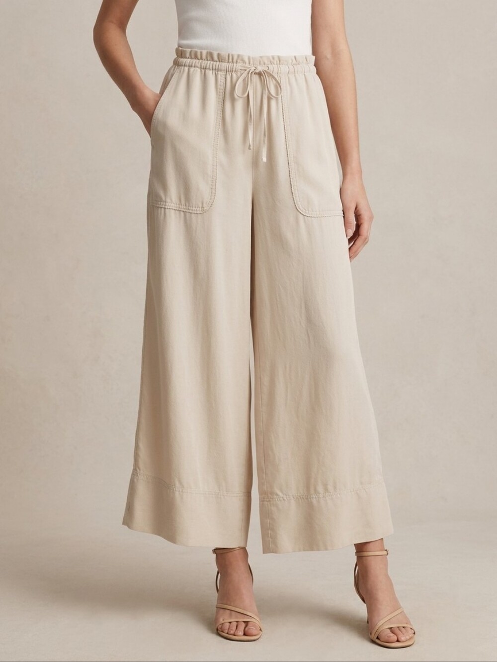 Club Monaco 100% Lyocell Cream Wide-Leg Drawstring Pants, Sz L